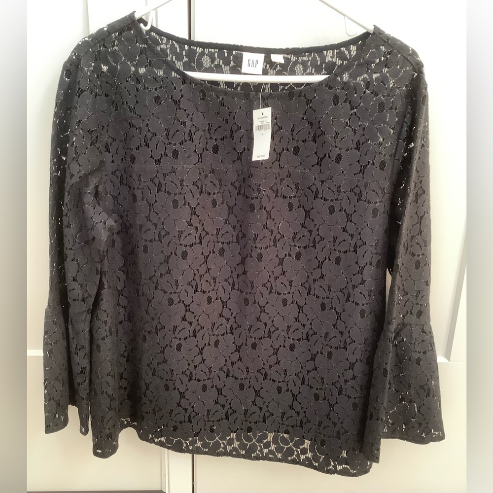 New Gap blouse NWT black floral lace top subtle gold thread bell sleeves L $89